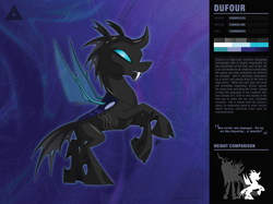 Size: 1280x956 | Tagged: safe, artist:hexfloog, oc, oc:dufour, species:changeling, adoptable, reference sheet