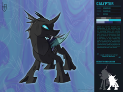 Size: 1280x956 | Tagged: safe, artist:hexfloog, oc, oc:calypter, species:changeling, adoptable, reference sheet