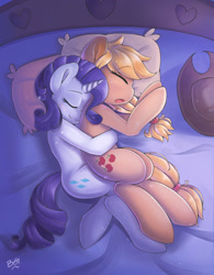 Size: 1500x1920 | Tagged: safe, artist:tikrs007, character:applejack, character:rarity, species:earth pony, species:pony, species:unicorn, ship:rarijack, bed, cuddling, cute, female, lesbian, mare, shipping, sleeping, spooning