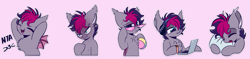 Size: 1453x344 | Tagged: safe, artist:hagalazka, oc, oc only, oc:retro wave, species:bat pony, species:pony, angry, bat pony oc, bat wings, beach ball, blushing, chest fluff, computer, cute, ear piercing, fluffy, headphones, laptop computer, male, nya, piercing, pillow, silly, simple background, sleeping, solo, sticker set, sunglasses, wings