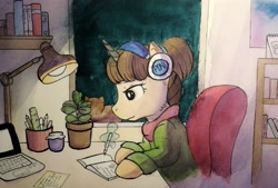 Size: 5120x3461 | Tagged: safe, artist:lightisanasshole, oc, species:pony, species:unicorn, book, bookshelf, brown eyes, brown mane, calm, cat, chair, clothing, desk, flower, headphones, hoodie, levitation, magic, music, night, notebook, ponytail, reference, room, scarf, sitting, smiling, solo, sweater, table, telekinesis, watercolor painting, window, writing