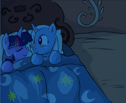 Size: 549x451 | Tagged: safe, artist:crystal-secret, character:trixie, character:twilight sparkle, species:pony, ship:twixie, bed, cropped, female, golden oaks library, lesbian, shipping, sleeping