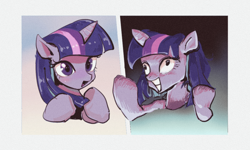 Size: 1000x600 | Tagged: safe, artist:ceitama, character:twilight sparkle, species:pony, species:unicorn, derp, female, horn, insanity, simple background, solo