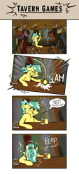 Size: 2255x4975 | Tagged: safe, artist:helmie-d, oc, oc only, oc:flower skies, species:earth pony, species:pony, comic, dialogue, drinking, drinking contest, drunk, female, mare, passed out, solo focus, tankard, tavern, word bubble