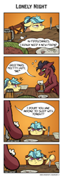 Size: 1372x3855 | Tagged: safe, artist:helmie-d, oc, oc only, oc:flower skies, species:earth pony, species:pony, alcohol, bad pickup line, beer, comic, drunk, floppy ears, knife, lonely, mug, tavern, unamused, weapon