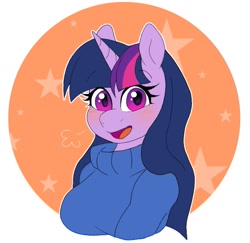 Size: 743x722 | Tagged: safe, artist:littlebibbo, derpibooru original, character:twilight sparkle, species:alicorn, species:anthro, species:pony, blushing, clothing, doodle, female, happy, horn, long hair, looking at you, mare, solo, sparkly eyes, sweater