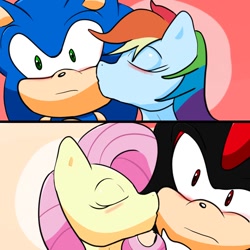 Size: 894x894 | Tagged: safe, artist:soul-yagami64, character:fluttershy, character:rainbow dash, character:sonic the hedgehog, blushing, crossover, crossover shipping, female, kiss on the cheek, kissing, male, shadow the hedgehog, shipping, sonic the hedgehog (series), straight
