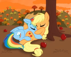 Size: 1280x1024 | Tagged: safe, artist:calicopikachu, character:applejack, character:rainbow dash, species:earth pony, species:pegasus, species:pony, ship:appledash, accessory swap, apple, cuddling, eyes closed, female, hug, lesbian, mare, on back, on top, orchard, prone, shipping, sleeping, snuggling, sunset, tree