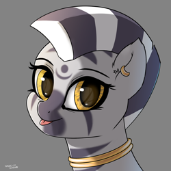 Size: 700x700 | Tagged: safe, artist:hardbrony, oc, species:zebra, blep, bust, ear piercing, earring, female, gray background, jewelry, looking at you, neck rings, piercing, quadrupedal, simple background, solo, tongue out