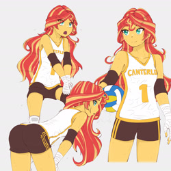 Size: 1791x1791 | Tagged: safe, artist:dragonemperror2810, character:sunset shimmer, species:human, my little pony:equestria girls, ass, ball, bend over, bent over, breasts, bunset shimmer, butt, clothing, exhausted, female, green eyes, gym shorts, happy, open mouth, panting, shorts, smiling, solo, sports, sporty style, sweat, volleyball