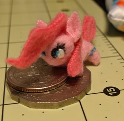 Size: 1725x1685 | Tagged: safe, artist:tinyequine, character:pinkamena diane pie, character:pinkie pie, species:earth pony, species:pony, coin, cute, cuteamena, irl, photo, plushie, ruler, sarubobo, size comparison, solo, tiny, tiny ponies