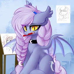 Size: 800x800 | Tagged: safe, artist:hydrargyrum, oc, oc only, species:bat pony, species:pony, female, mare, mouth hold, pencil, solo
