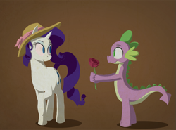 Size: 875x647 | Tagged: safe, artist:paper-pony, character:rarity, character:spike, species:dragon, species:pony, ship:sparity, clothing, female, flower, hat, looking at each other, male, mare, no pupils, one leg raised, rose, shipping, simple background, straight