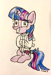 Size: 2211x3231 | Tagged: safe, artist:michaelmaddox222, character:twilight sparkle, character:twilight sparkle (alicorn), species:alicorn, species:pony, bondage, bookhorse, colored, cross-eyed, faec, female, insanity, pencil drawing, signature, sitting, solo, straitjacket, traditional art