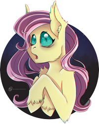 Size: 1722x2150 | Tagged: safe, artist:obscuredragone, character:flutterbat, character:fluttershy, species:bat pony, species:pegasus, species:pony, episode:bats!, g4, my little pony: friendship is magic, bat ponified, blue eyes, bust, ear fluff, female, fluffy, forest, hooves, long mane, night, pink mane, portrait, race swap, shiny eyes, solo, surprised, tired