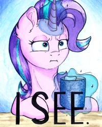 Size: 5793x7240 | Tagged: safe, artist:iamlightbruh, artist:lightisanasshole, character:starlight glimmer, species:pony, species:unicorn, :i, abstract background, blue background, blue eyes, cup, dialogue, ear fluff, empathy cocoa, female, frown, glowing horn, horn, i mean i see, levitation, lidded eyes, looking at you, magic, mare, meme, mug, parody, reaction image, serious, serious face, simple background, solo, table, telekinesis, text, traditional art, watercolor painting, wide eyes
