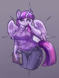 Size: 1200x1600 | Tagged: safe, artist:noupie, character:twilight sparkle, character:twilight sparkle (alicorn), species:alicorn, species:anthro, species:pony, book, breasts, clothing, curvy, female, mare, pants, solo