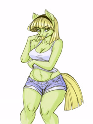 Size: 1200x1600 | Tagged: safe, artist:noupie, oc, oc:lemon dream, species:anthro, species:earth pony, species:pony, anthro oc, belly button, breasts, cleavage, clothing, female, mare, midriff, shorts, solo, tank top