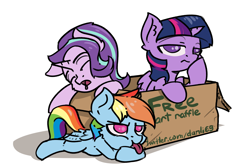 Size: 3000x2000 | Tagged: safe, artist:danli69, character:rainbow dash, character:starlight glimmer, character:twilight sparkle, character:twilight sparkle (alicorn), species:alicorn, species:pegasus, species:pony, species:unicorn, box, cardboard box, drool, female, giveaway, mare, palindrome get, pony in a box, raffle, simple background, tongue out, white background