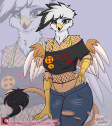 Size: 2500x2800 | Tagged: safe, artist:pinktabico, oc, oc only, oc:ginger feathershy, species:anthro, species:griffon, beauty mark, belly button, bra strap, clothing, colored wings, dragon ball, eyebrow piercing, fishnets, griffon oc, hand on hip, multicolored wings, panties, panty line, piercing, short shirt, tail, thong, torn clothes, underwear, wings, zoom layer