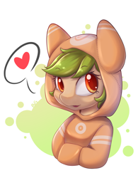 Size: 1500x1920 | Tagged: safe, artist:tikrs007, species:earth pony, species:pony, abstract background, bust, clothing, heart, hoodie, looking at you, pictogram, smiling, solo