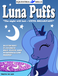 Size: 590x768 | Tagged: safe, artist:tim-kangaroo, character:princess luna, species:alicorn, species:pony, cereal, cute, eyes closed, female, happy, mare, moon, s1 luna, solo