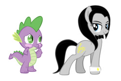 Size: 750x502 | Tagged: safe, artist:mrmaclicious, edit, editor:undeadponysoldier, character:spike, oc, oc:klavinova, species:dragon, species:earth pony, species:pony, bedroom eyes, blushing, bow tie, crush, cuffs (clothes), cute, female, male, mare, simple background, spikenova, straight, white background