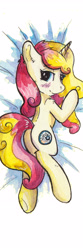 Size: 1531x4592 | Tagged: safe, artist:lightisanasshole, oc, oc:miss libussa, species:pony, species:unicorn, bedroom eyes, blue eyes, body pillow, body pillow design, butt, czequestria, dakimakura cover, looking at you, looking back, looking back at you, lying on bed, mascot, prone, simple background, smiling