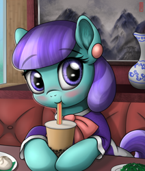 Size: 2332x2752 | Tagged: safe, artist:celsian, character:mixed berry, species:earth pony, species:pony, background pony, blushing, bubble tea, bun, china, clothing, cute, cuteaberry, drink, drinking, drinking straw, ear fluff, ear piercing, earring, eyebrows, eyebrows visible through hair, female, food, jewelry, looking at you, mare, painting, piercing, restaurant, signature, sitting, smiling, solo, sucking, tea, vase, waifu dinner