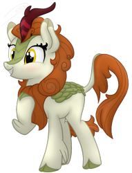 Size: 965x1260 | Tagged: safe, alternate version, artist:soctavia, character:autumn blaze, species:kirin, g4, awwtumn blaze, background removed, blushing, cloven hooves, colored hooves, cute, female, happy, hoof on chest, hooves, leonine tail, mare, raised hoof, signature, simple background, solo, three quarter view, transparent background