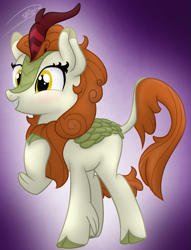 Size: 965x1260 | Tagged: safe, artist:soctavia, character:autumn blaze, species:kirin, blushing, cloven hooves, female, gradient background, happy, hoof on chest, leonine tail, mare, signature, solo