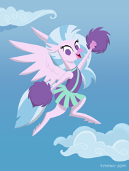 Size: 580x768 | Tagged: safe, artist:tim-kangaroo, character:silverstream, species:hippogriff, species:pony, episode:2-4-6 greaaat, cheering, cheerleader, cheerleader silverstream, clothing, cloud, cute, diastreamies, featured on derpibooru, female, flying, in the air, lineless, looking at you, no pupils, pointy ponies, pom pom, simple background, skirt, sky background, smiling, solo, spread wings, wide eyes, wings