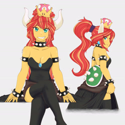 Size: 1791x1791 | Tagged: safe, artist:dragonemperror2810, character:sunset shimmer, species:human, my little pony:equestria girls, bowsette, breasts, clothing, cosplay, costume, crossed legs, crossover, female, looking at you, new super mario bros. u deluxe, simple background, sitting, smiling, solo, super crown, super mario bros., video game crossover, white background