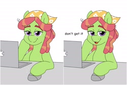 Size: 4096x2730 | Tagged: safe, artist:littlebibbo, derpibooru original, character:tree hugger, species:earth pony, species:pony, computer, computer mouse, confused, desk, looking at you, shitposting, simple background, sitting, smiling, solo