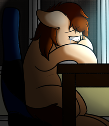 Size: 3200x3700 | Tagged: safe, artist:dracoflames, oc, oc only, unnamed oc, species:earth pony, species:pony, chair, crying, dark room, sad, sitting, solo, table, vent art
