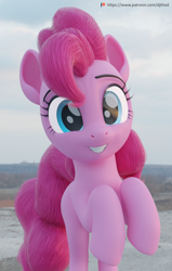 Size: 1376x2160 | Tagged: safe, artist:therealdjthed, character:pinkie pie, species:earth pony, species:pony, 3d, 3d model, blender, cute, cycles, cycles render, diapinkes, female, grin, happy, irl, mare, model:djthed, patreon, patreon logo, photo, ponies in real life, raised hoof, smiling, solo