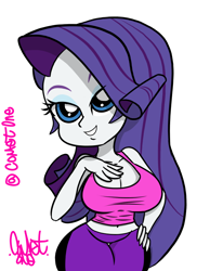 Size: 700x900 | Tagged: safe, artist:comet0ne, character:rarity, my little pony:equestria girls, breasts, busty rarity, cleavage, clothing, curvy, female, hourglass figure, leggings, midriff, simple background, solo, tank top, white background, workout outfit