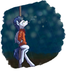 Size: 1625x1757 | Tagged: safe, artist:helmie-d, character:soarin', species:pegasus, species:pony, leaning, looking up, male, rain, simple background, smoking, solo, stallion, transparent background