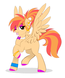 Size: 1024x1227 | Tagged: safe, artist:whitehershey, oc, oc only, oc:carrot spring, species:pegasus, species:pony, bow tie, ear piercing, earring, female, hoof polish, jewelry, makeup, mare, one eye closed, piercing, raised hoof, simple background, solo, tongue out, transparent background, wink