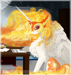 Size: 3096x3300 | Tagged: safe, artist:livitoza, character:daybreaker, character:princess celestia, species:alicorn, species:pony, chest fluff, desk, female, mare, missing accessory, paper, solo