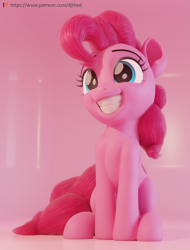 Size: 3289x4320 | Tagged: safe, artist:therealdjthed, character:pinkie pie, species:earth pony, species:pony, 3d, 3d model, absurd resolution, blender, cute, cycles, cycles render, diapinkes, female, grin, happy, mare, model:djthed, patreon, patreon logo, simple background, sitting, smiling, solo, squee