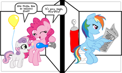 Size: 2918x1750 | Tagged: safe, artist:inkwell, character:pinkie pie, character:rainbow dash, character:sweetie belle, species:pony, balloon, dialogue, fart, newspaper, pegasus gas, potty, potty time, reading, secret, sitting, speech bubble, toilet
