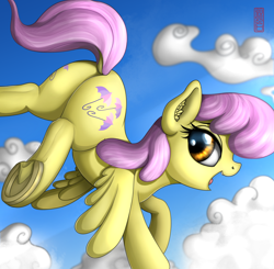 Size: 2500x2445 | Tagged: safe, artist:celsian, character:parasol, species:pegasus, species:pony, background pony, both cutie marks, butt, cloud, cute, dock, ear fluff, female, flying, frog (hoof), looking back, mare, open mouth, plot, rear view, signature, solo, underhoof