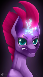 Size: 1080x1920 | Tagged: safe, artist:obscuredragone, character:fizzlepop berrytwist, character:tempest shadow, species:pony, species:unicorn, my little pony: the movie (2017), angry, antagonist, badass, broken horn, cherry mane, dark, female, horn, light, looking at you, magic, movie, photo, purple fur, purple skin, shadow, solo, sparkles, staring at you