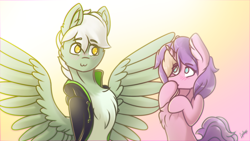 Size: 1920x1080 | Tagged: safe, artist:chebypattern, oc, oc only, oc:energytone, oc:lilac clime, species:pegasus, species:pony, species:unicorn, bright, clothing, couple, cute, gift art, jacket, lovely, simple background, smiling
