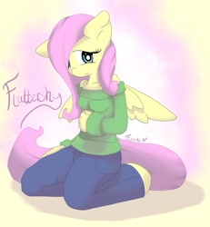 Size: 1331x1441 | Tagged: safe, artist:tesslashy, character:fluttershy, species:anthro, species:pegasus, species:unguligrade anthro, g4, blue jeans, bra strap, clothing, female, floppy ears, hooves, mare, off shoulder, off shoulder sweater, pants, solo, sweater, sweatershy