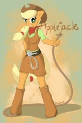 Size: 1558x2339 | Tagged: safe, artist:tesslashy, character:applejack, species:anthro, species:earth pony, species:pony, species:unguligrade anthro, bandana, belt, clothing, cowgirl, female, hat, hoof boots, lasso, rope, scarf, shirt, skirt, solo, vest