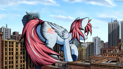 Size: 1920x1080 | Tagged: safe, artist:adagiostring, oc, oc only, oc:evening skies, species:pegasus, species:pony, city, destruction, female, giant pony, giantess, looking back, macro, mare, solo