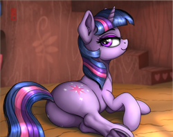 Size: 3888x3082 | Tagged: safe, artist:celsian, character:twilight sparkle, character:twilight sparkle (unicorn), species:pony, species:unicorn, both cutie marks, butt, dock, ear fluff, eyeshadow, female, frog (hoof), golden oaks library, high res, lidded eyes, looking at you, makeup, mare, plot, raised hoof, rear view, smiling, solo, twibutt, underhoof