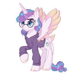 Size: 1567x1569 | Tagged: safe, artist:corporalvortex, artist:polymercorgi, base used, character:princess flurry heart, species:alicorn, species:pony, adorkable, clothing, colored ears, colored hooves, colored wings, cute, dork, ear fluff, female, flurrybetes, glasses, headcanon in the description, hoodie, leonine tail, mare, messy mane, multicolored wings, nerd, nerdy heart, older, older flurry heart, raised hoof, simple background, solo, tail feathers, two toned mane, white background, wings
